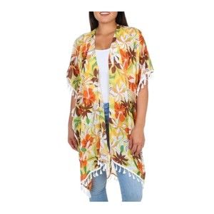 Room Mates Tropical Flower Print Kimono medium cardigan short sleeve hem tassel